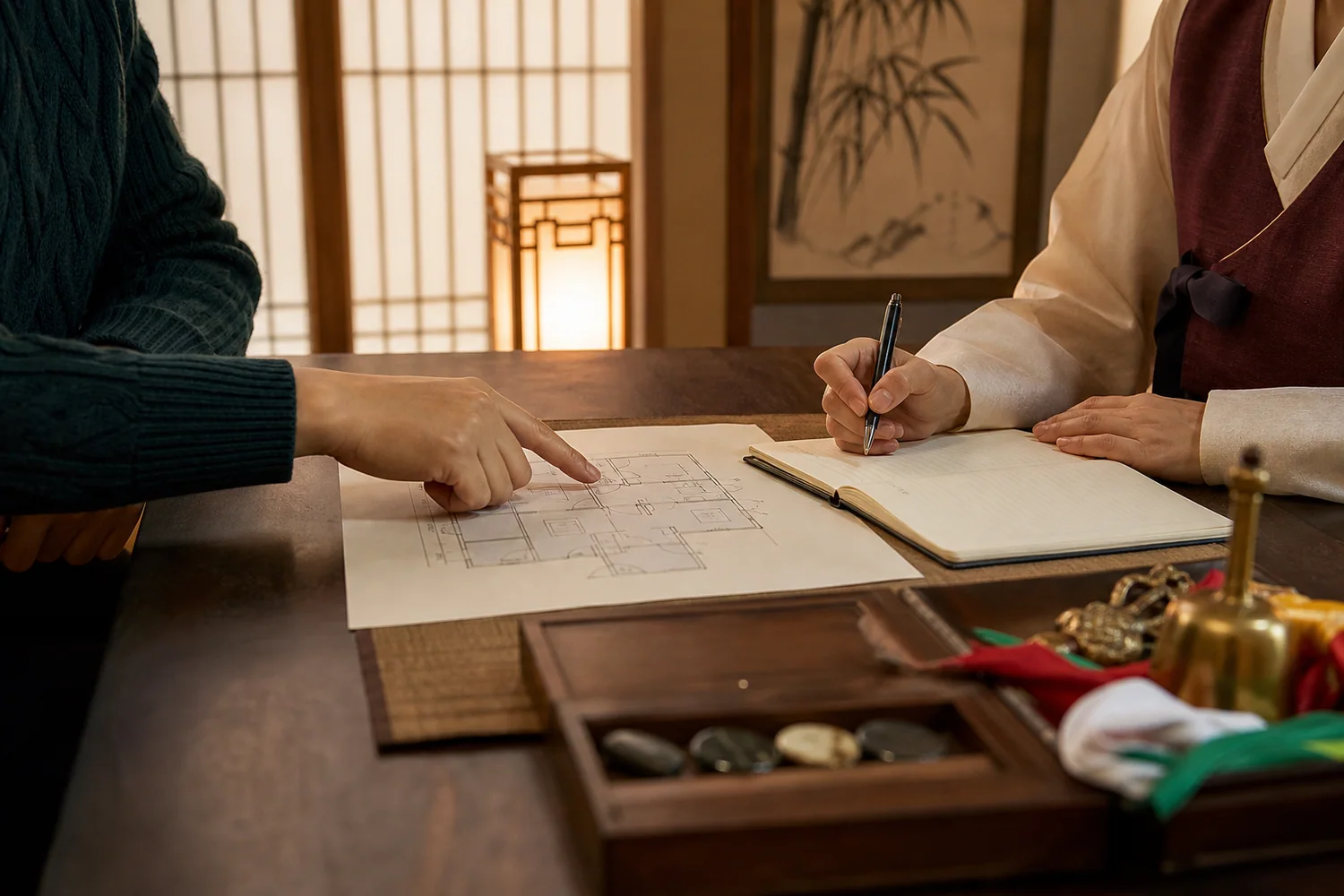 집 수리 도면과 발생 날짜를 놓고 동티와 풍수 관련 고민을 정리하는 한국 철학관 상담 실사 이미지