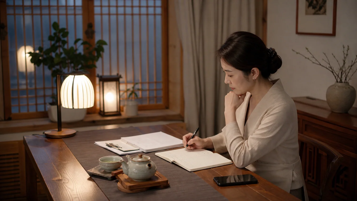 퇴사 뒤 마음이 흔들릴 때 전화상담과 문자상담 전에 질문을 노트에 적는 한국식 상담실 장면 실사 이미지